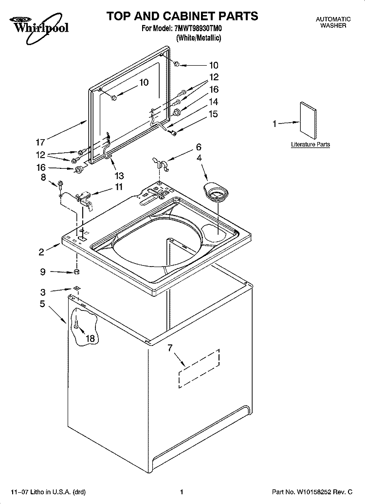 TOP AND CABINET PARTS Diagram and Parts List for 7MWT98930TM0  Whirlpool Washer
