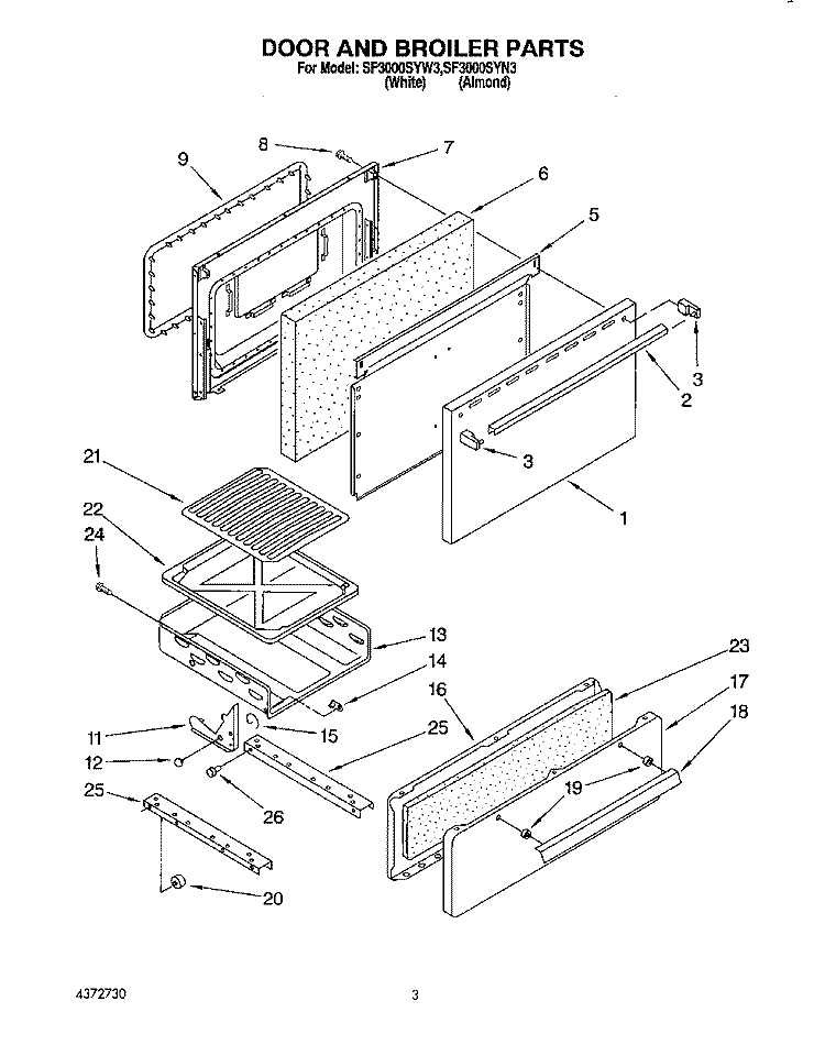 DOOR AND BROILER Diagram and Parts List for SF3000SYN3  Whirlpool Range