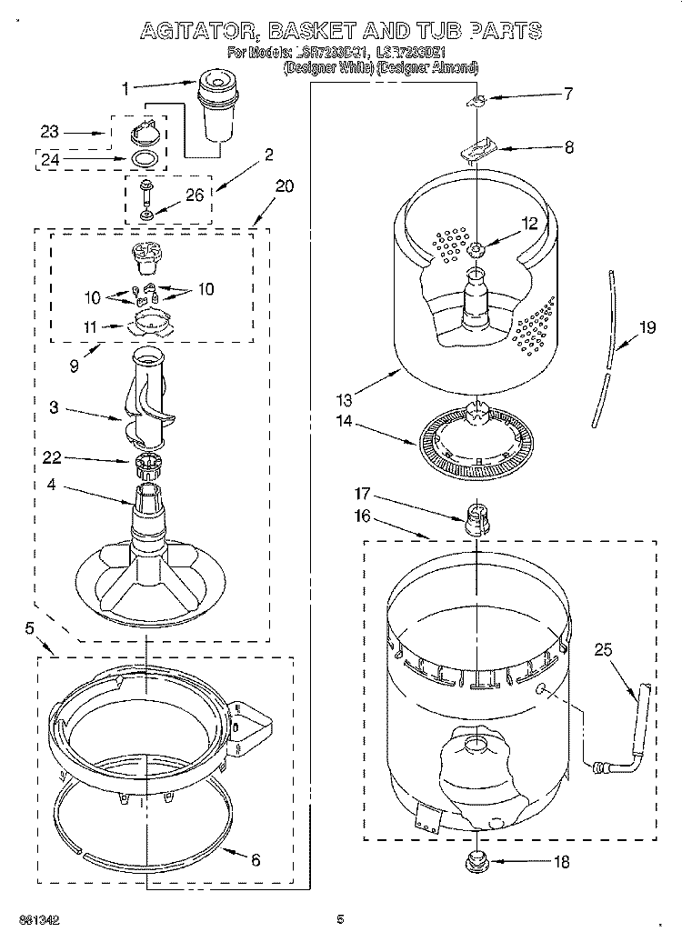 AGITATOR, BASKET AND TUB Diagram and Parts List for LSR7233DZ1  Whirlpool Washer