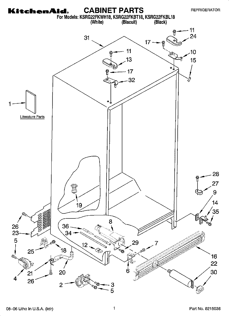 CABINET PARTS Diagram and Parts List for KSRG22FKBT18  KitchenAid Refrigerator