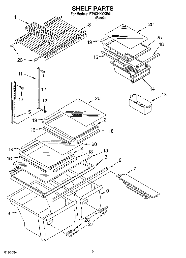 SHELF, OPTIONAL Diagram and Parts List for ET9CHKXKB01  Whirlpool Refrigerator