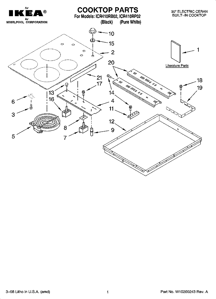 COOKTOP PARTS, OPTIONAL PARTS (NOT INCLUDED) Diagram and Parts List for ICR410RP02  Whirlpool Cooktop