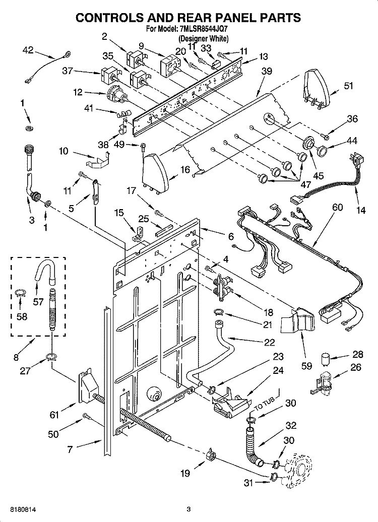 CONTROLS AND REAR PANEL PARTS Diagram and Parts List for 7MLSR8544JQ7  Whirlpool Washer