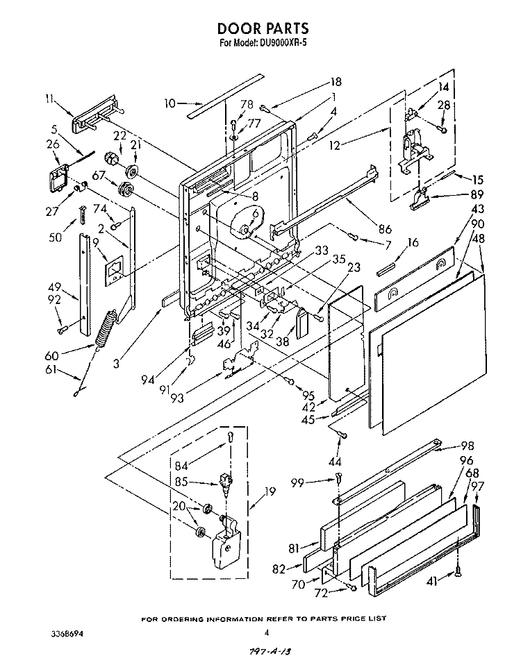 DOOR Diagram and Parts List for DU9000XR5  Whirlpool Dishwasher