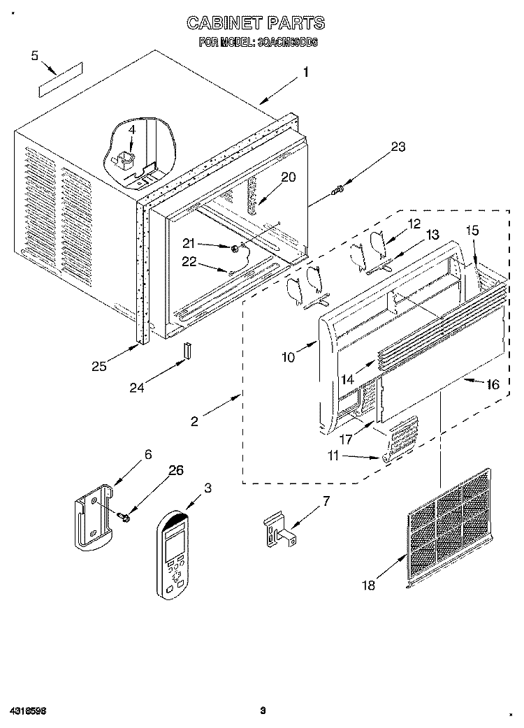 CABINET Diagram and Parts List for 3QACM09DD3  Whirlpool Air Conditioner
