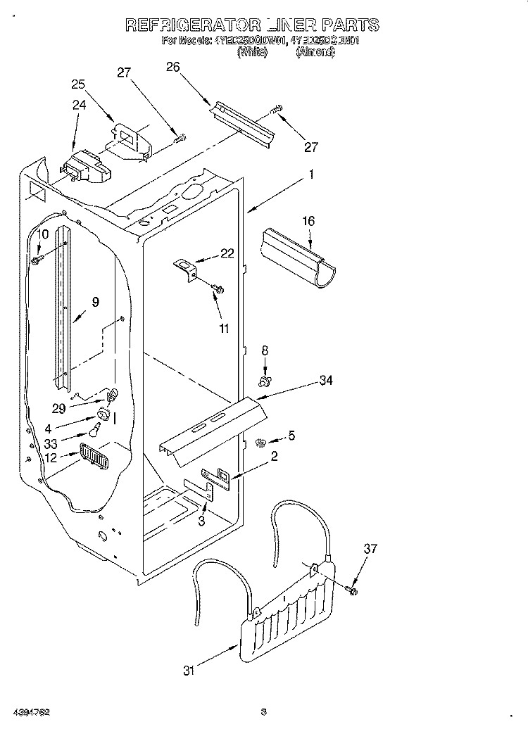 REFRIGERATOR LINER Diagram and Parts List for 4YED25DQDN01  Whirlpool Refrigerator
