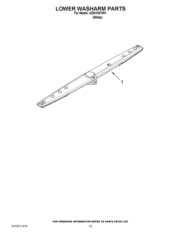LOWER WASHARM PARTS Diagram and Parts List for IUD6100YW1  Whirlpool Dishwasher