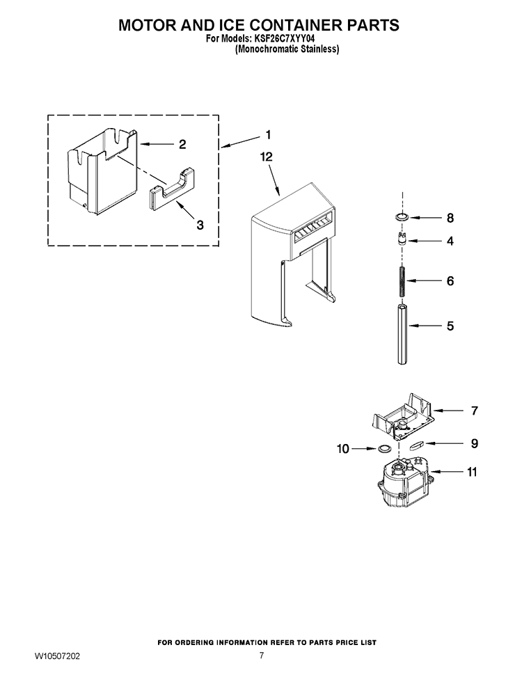 MOTOR AND ICE CONTAINER PARTS Diagram and Parts List for KSF26C7XYY04  KitchenAid Refrigerator