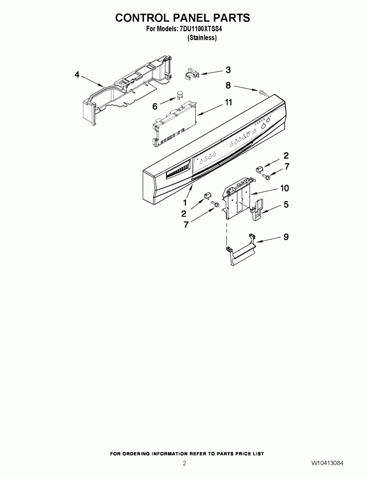 CONTROL PANEL PARTS Diagram and Parts List for 7DU1100XTSS4  Whirlpool Dishwasher