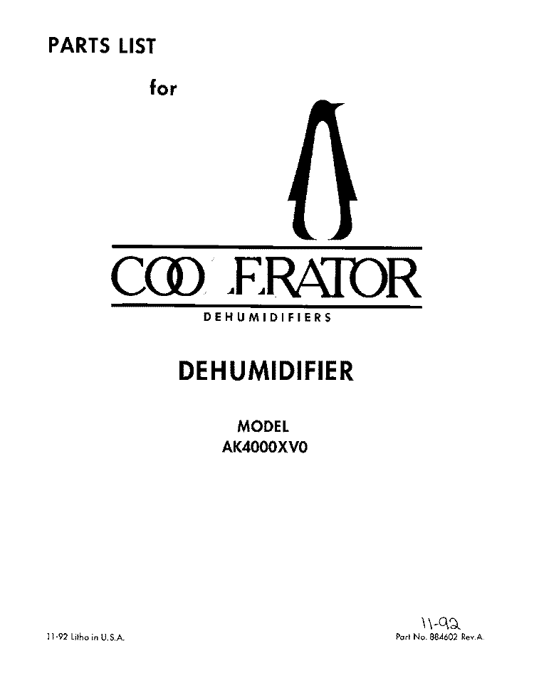 SECTION Diagram and Parts List for AK4000XV0  Whirlpool Dehumidifier