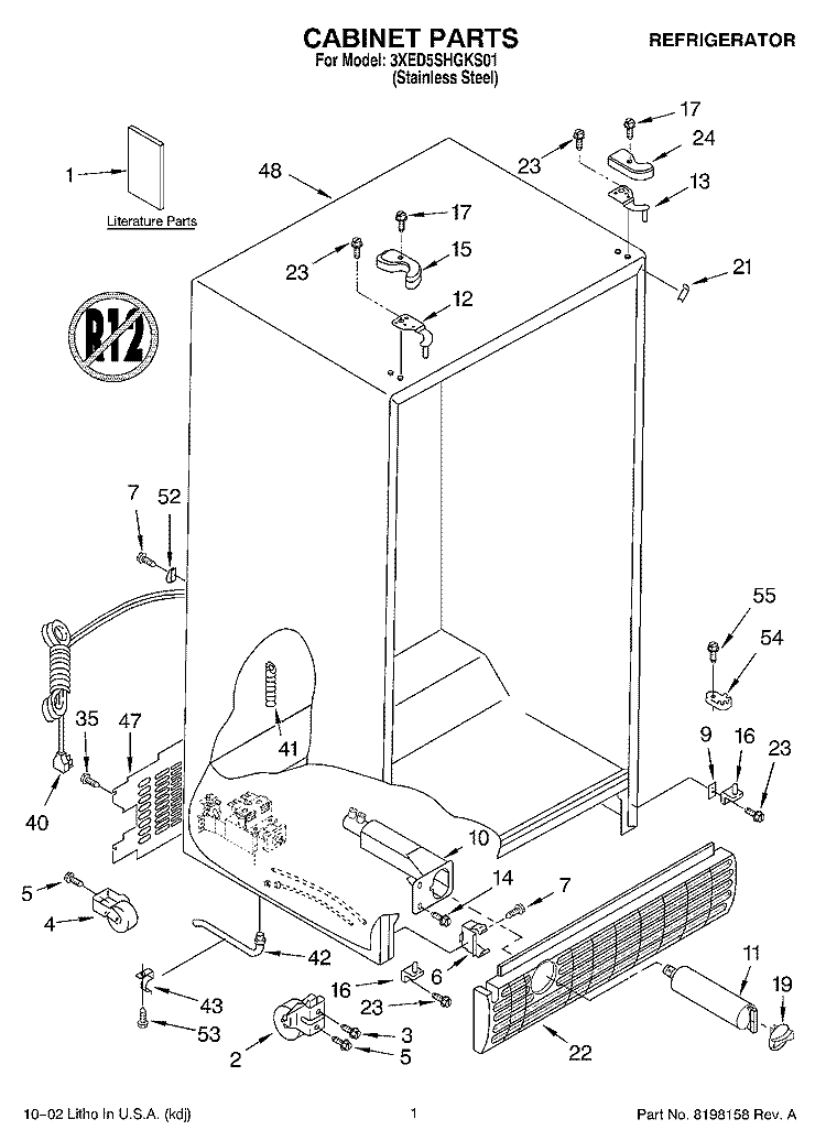 CABINET, LITERATURE Diagram and Parts List for 3XED5SHGKS01  Whirlpool Refrigerator