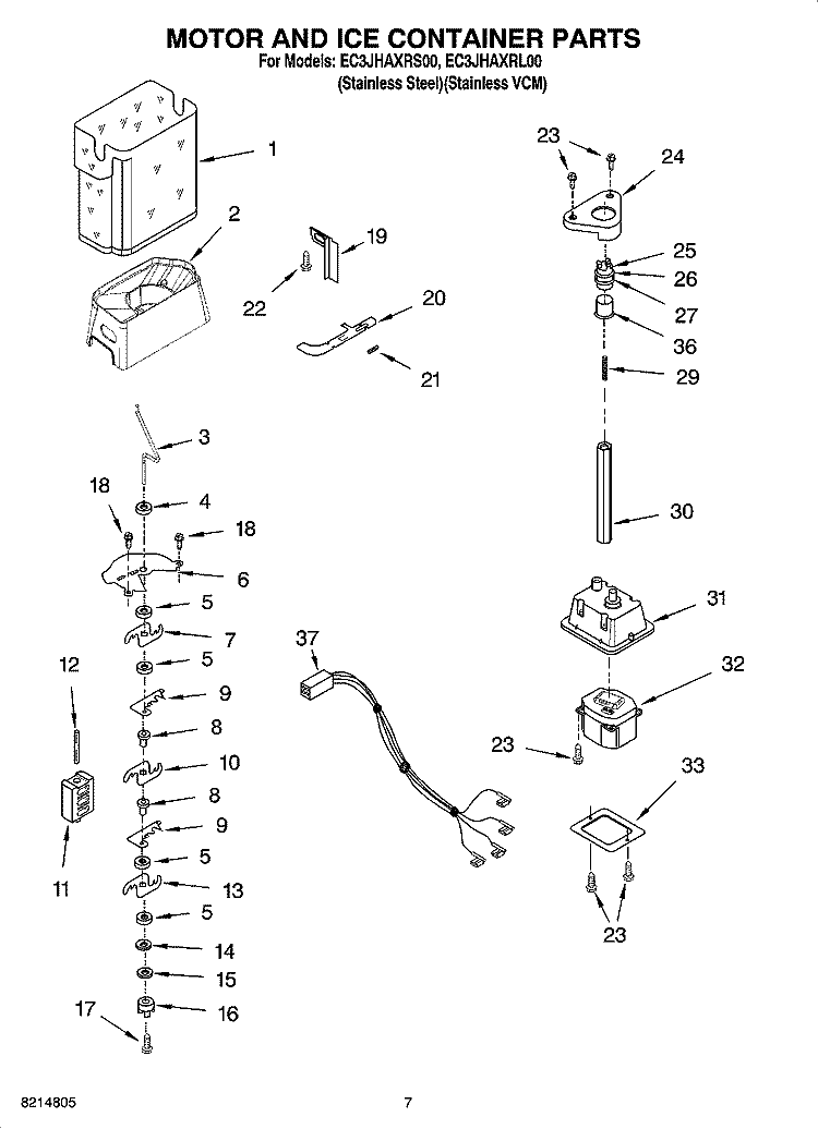 MOTOR AND ICE CONTAINER PARTS Diagram and Parts List for EC3JHAXRL00  Whirlpool Refrigerator