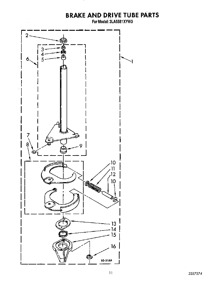BRAKE AND DRIVE TUBE Diagram and Parts List for 3LA5581XYN0  Whirlpool Washer