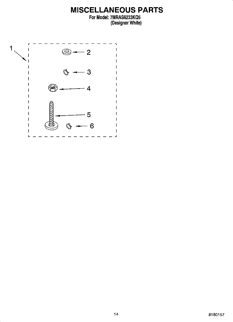 MISCELLANEOUS PARTS - OPTIONAL PARTS (NOT INCLUDED) Diagram and Parts List for 7MRAS6233KQ5  Roper Washer