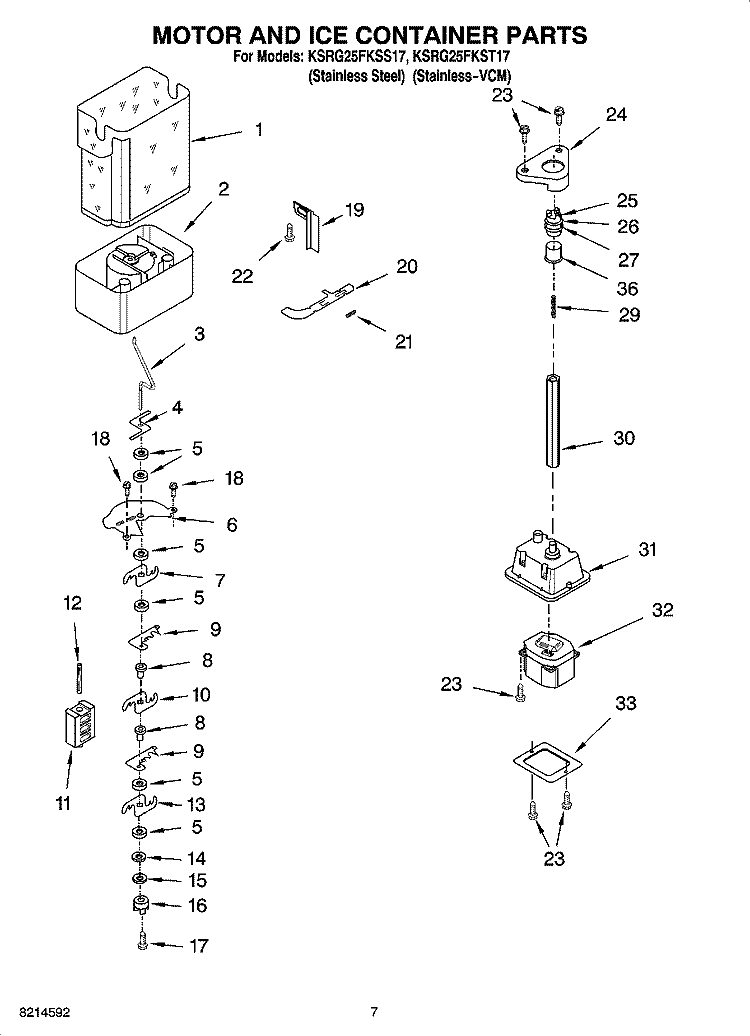 MOTOR AND ICE CONTAINER PARTS Diagram and Parts List for KSRG25FKSS17  KitchenAid Refrigerator