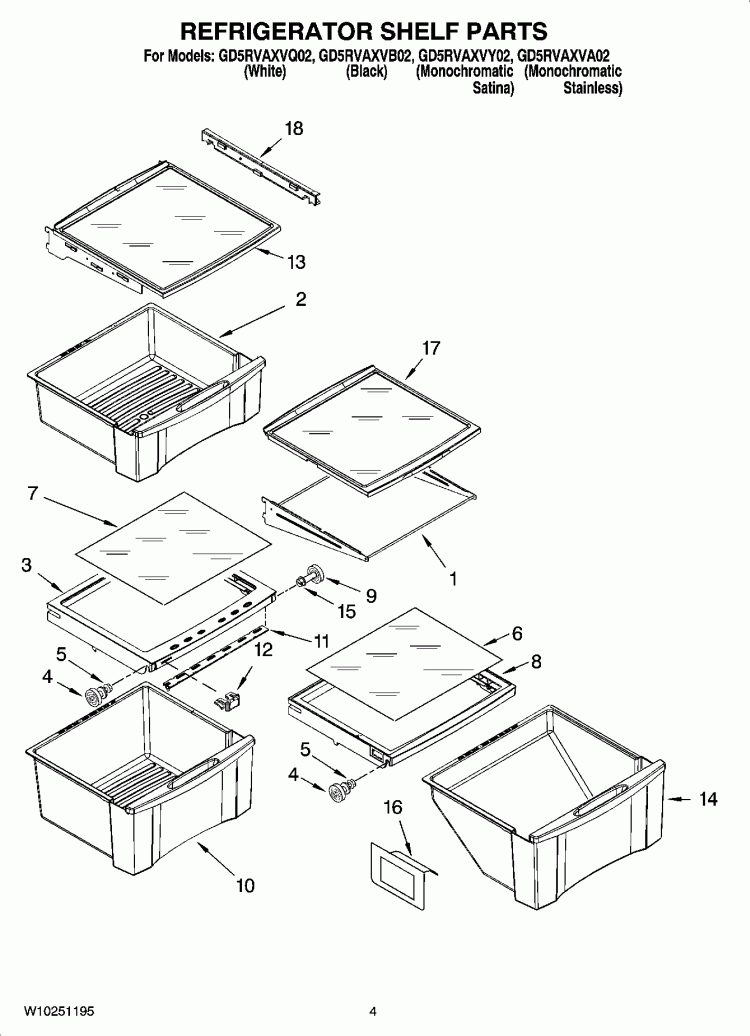 REFRIGERATOR SHELF PARTS Diagram and Parts List for GD5RVAXVB02  Whirlpool Refrigerator