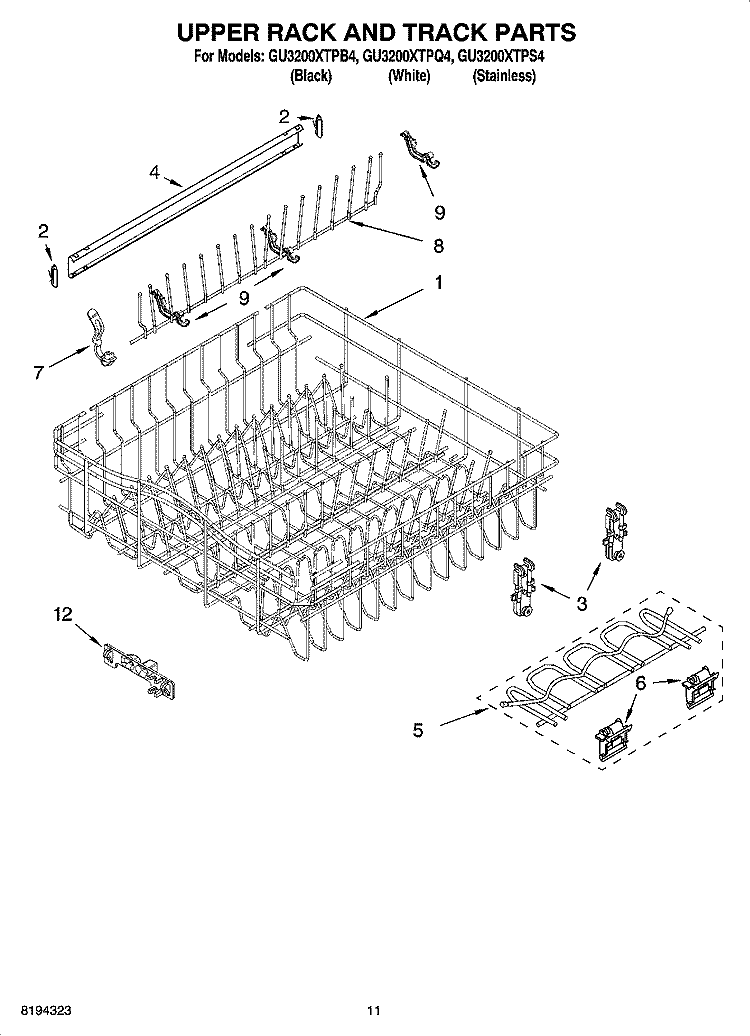 UPPER RACK AND TRACK PARTS Diagram and Parts List for GU3200XTPS4  Whirlpool Dishwasher