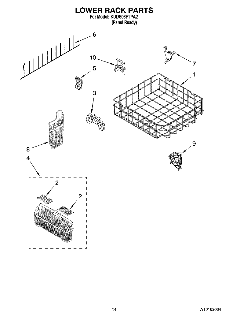 LOWER RACK PARTS, OPTIONAL PARTS (NOT INCLUDED) Diagram and Parts List for KUDS03FTPA2  KitchenAid Dishwasher