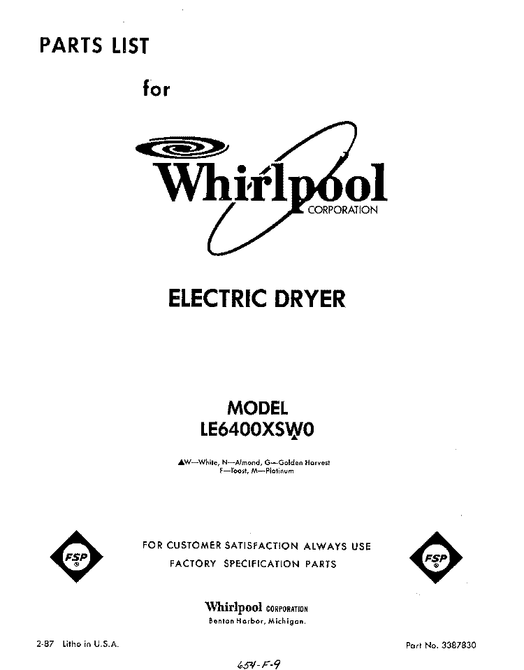 SECTION Diagram and Parts List for LE6400XSW0  Whirlpool Dryer