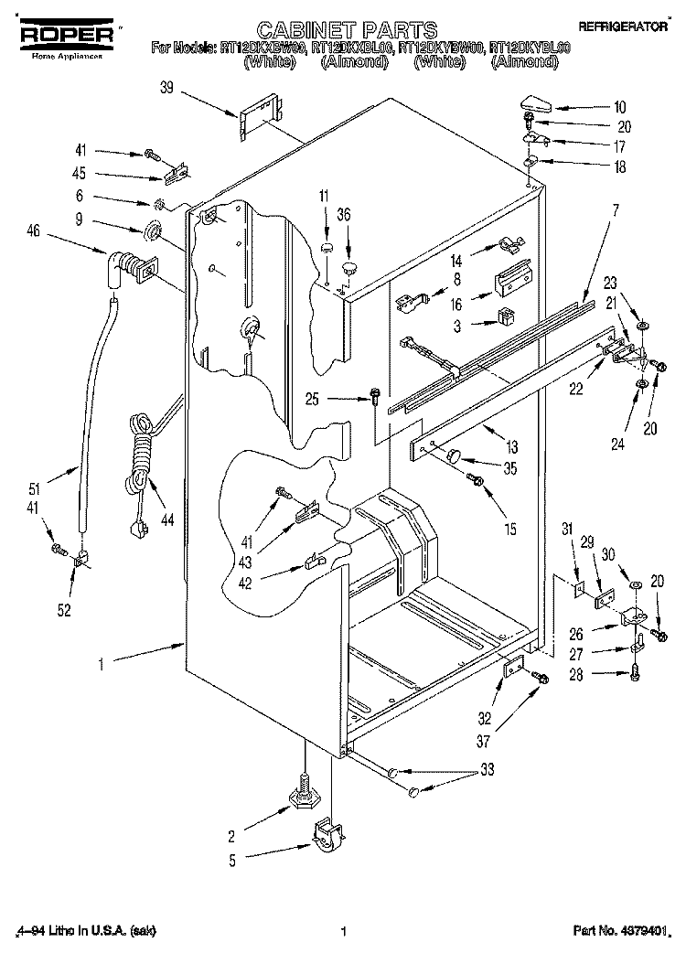 CABINET Diagram and Parts List for RT12DKXBL00  Roper Refrigerator