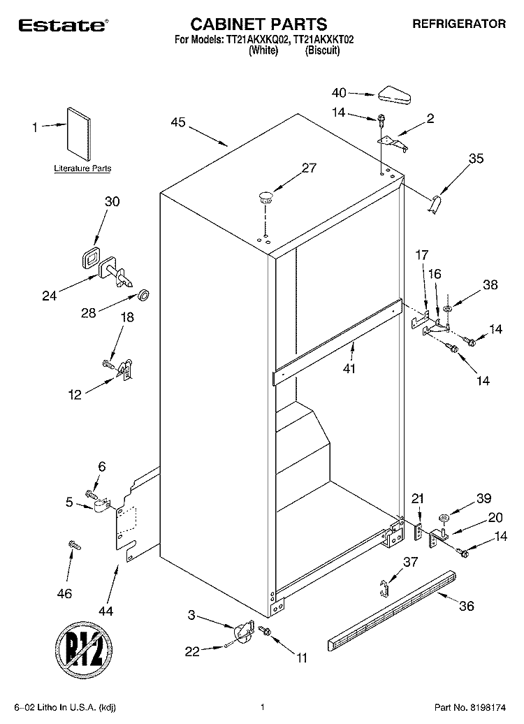 CABINET, LITERATURE Diagram and Parts List for TT21AKXKQ02  Estate Refrigerator