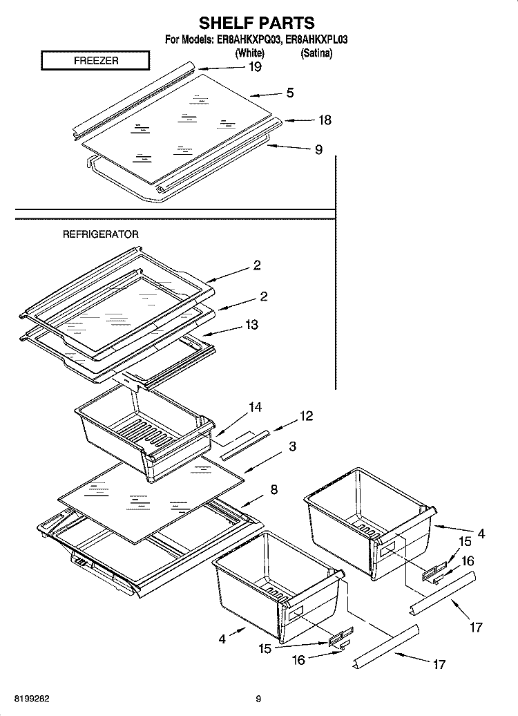 SHELF PARTS, OPTIONAL PARTS Diagram and Parts List for ER8AHKXPQ03  Whirlpool Refrigerator