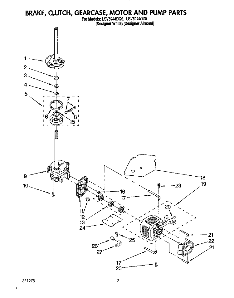 BRAKE, CLUTCH, GEARCASE, MOTOR & PUMP Diagram and Parts List for LSV8244DQ0  Whirlpool Washer