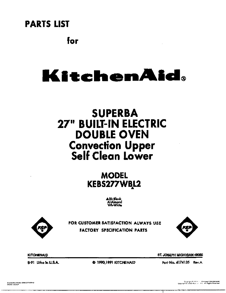 FRONT COVER Diagram and Parts List for KEBS277WBL2  KitchenAid Wall Oven