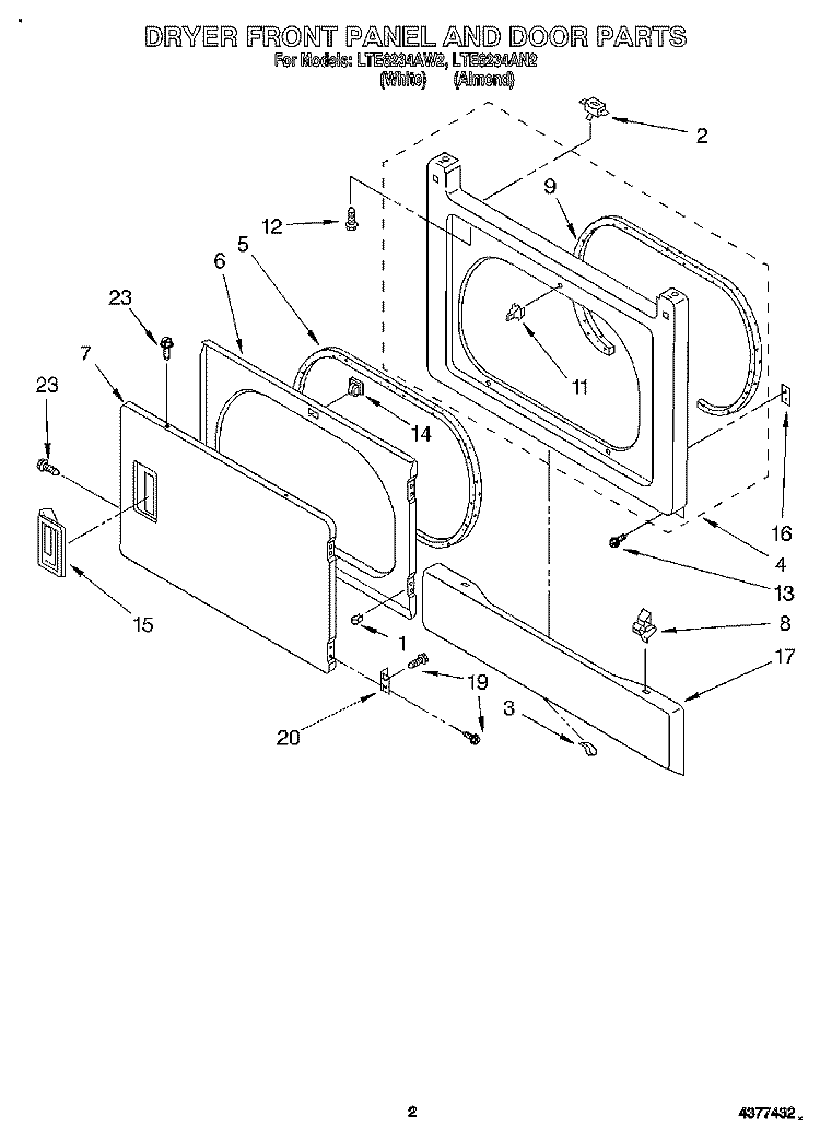 DRYER FRONT PANEL AND DOOR Diagram and Parts List for LTE6234AN2  Whirlpool Washer Dryer Combo
