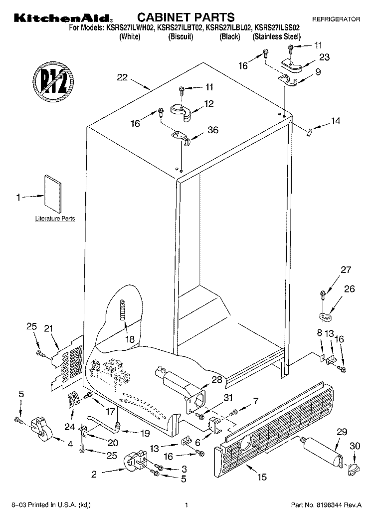 CABINET PARTS Diagram and Parts List for KSRS27ILBL02  KitchenAid Refrigerator