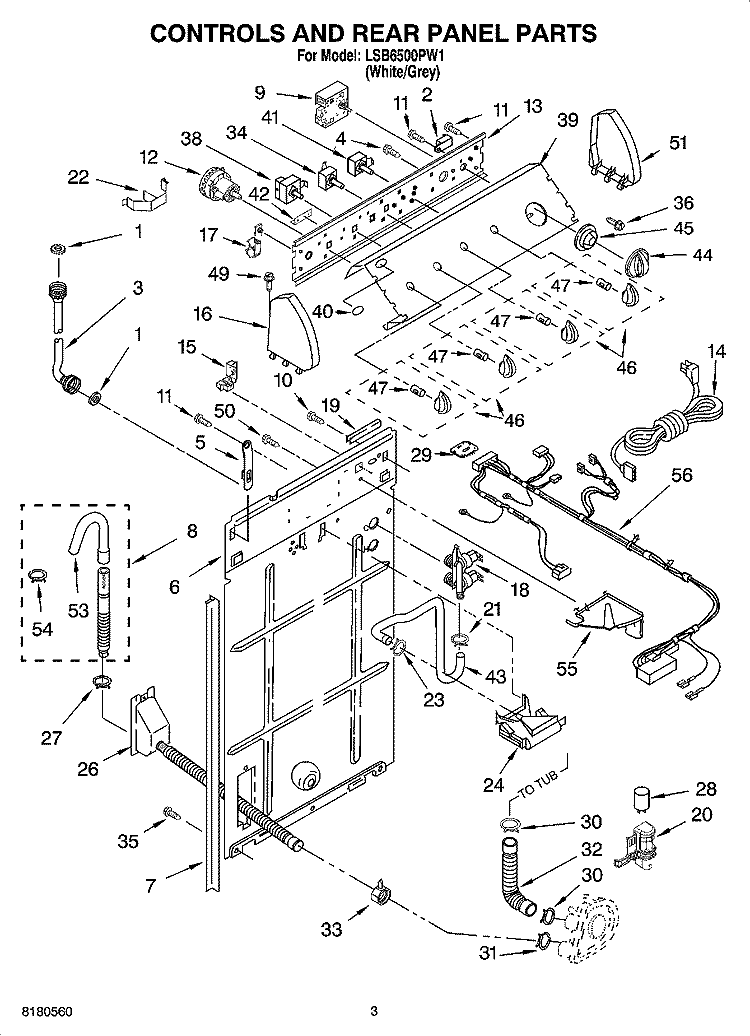 CONTROLS AND REAR PANEL PARTS Diagram and Parts List for LSB6500PW1  Whirlpool Washer