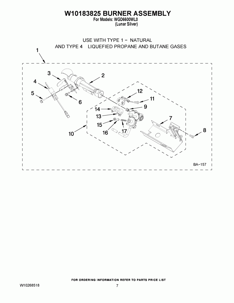 W10183825 BURNER ASSEMBLY Diagram and Parts List for WGD6600WL0  Whirlpool Dryer