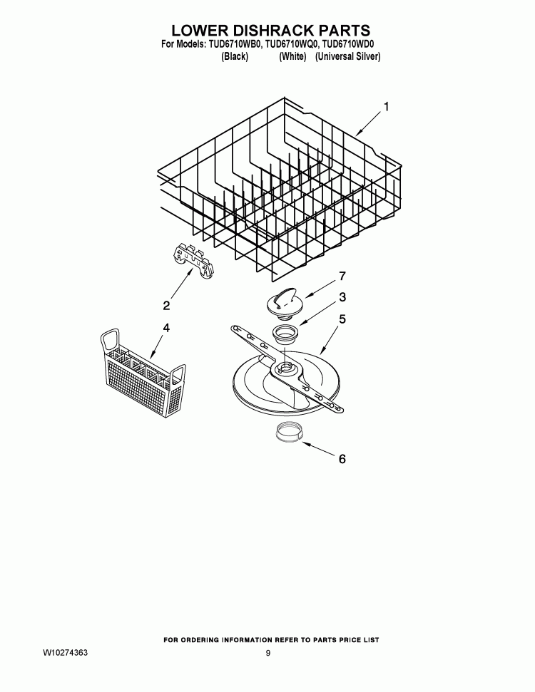 LOWER DISHRACK PARTS Diagram and Parts List for TUD6710WD0  Estate Dishwasher