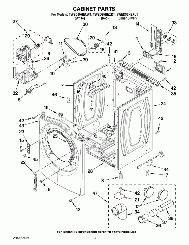 CABINET PARTS Diagram and Parts List for YWED95HEXL1  Whirlpool Dryer