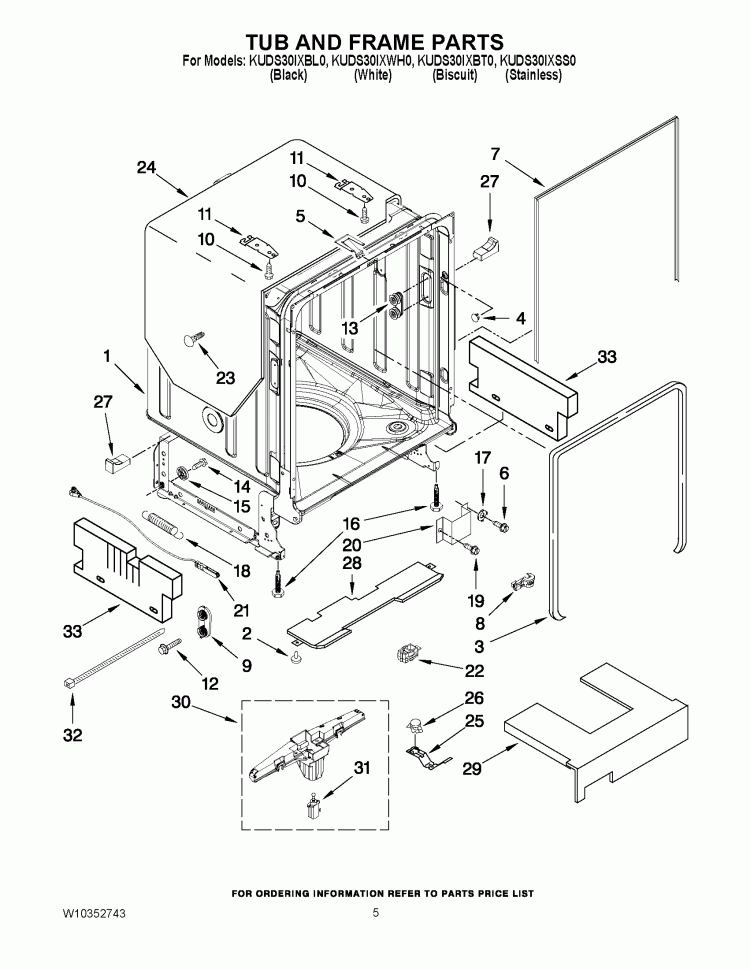 TUB AND FRAME PARTS Diagram and Parts List for KUDS30IXBL0  KitchenAid Dishwasher