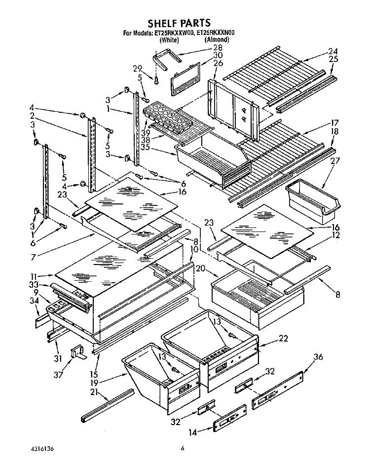 SHELF, LIT/OPTIONAL Diagram and Parts List for ET25RKXXW00  Whirlpool Refrigerator