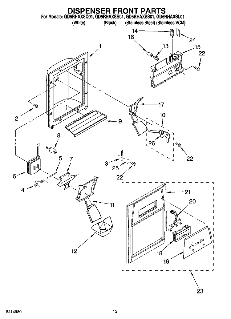 DISPENSER FRONT PARTS Diagram and Parts List for GD5RHAXSS01  Whirlpool Refrigerator