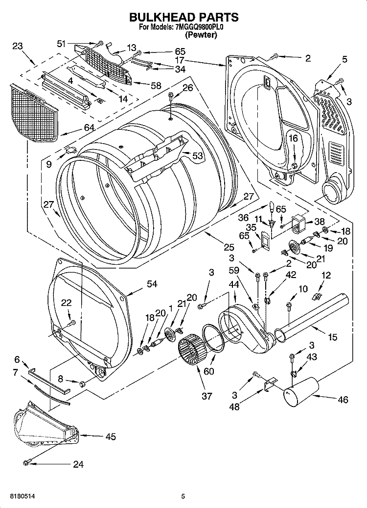 BULKHEAD PARTS Diagram and Parts List for 7MGGQ9800PL0  Whirlpool Dryer