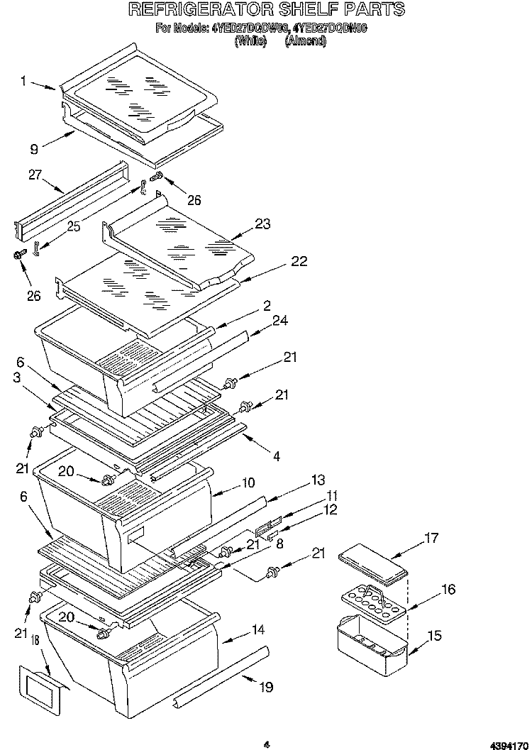 REFRIGERATOR SHELF Diagram and Parts List for 4YED27DQDW00  Whirlpool Refrigerator