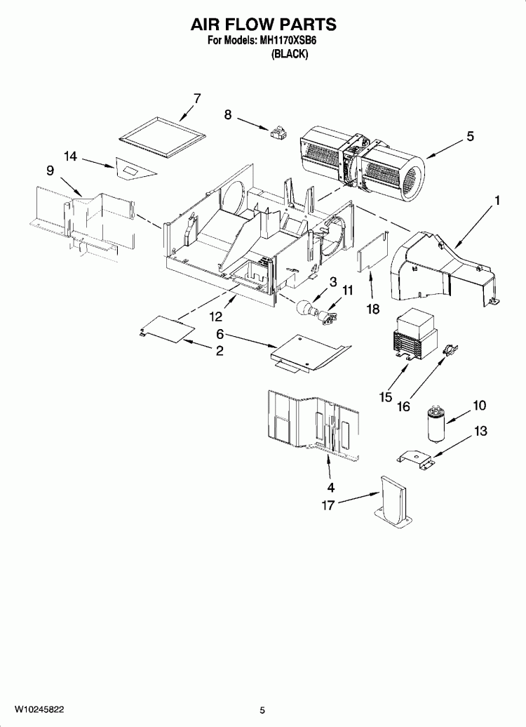 AIR FLOW PARTS Diagram and Parts List for MH1170XSB6  Whirlpool Microwave