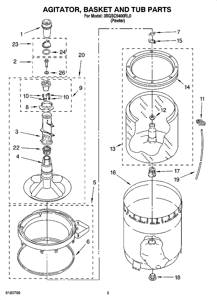 AGITATOR, BASKET AND TUB PARTS Diagram and Parts List for 3RGSC9400RL0  Whirlpool Washer