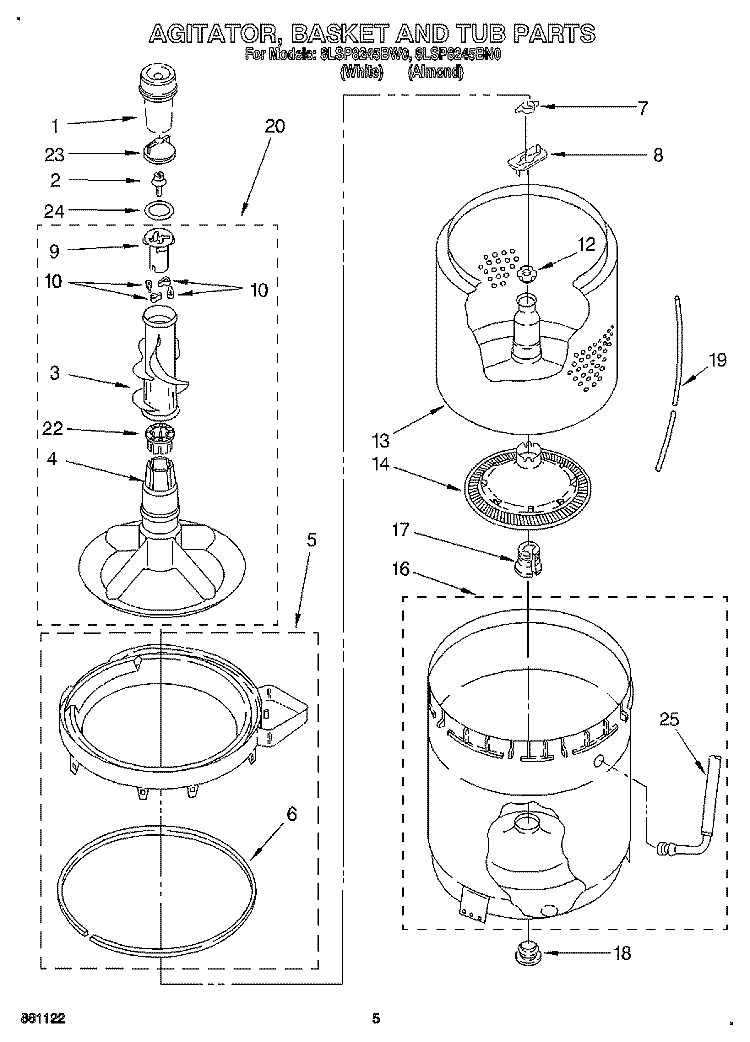 AGITATOR, BASKET AND TUB Diagram and Parts List for 8LSP8245BW0  Whirlpool Washer
