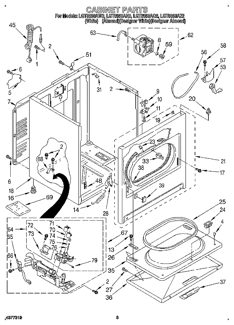 CABINET Diagram and Parts List for LGT8858AW2  Whirlpool Dryer