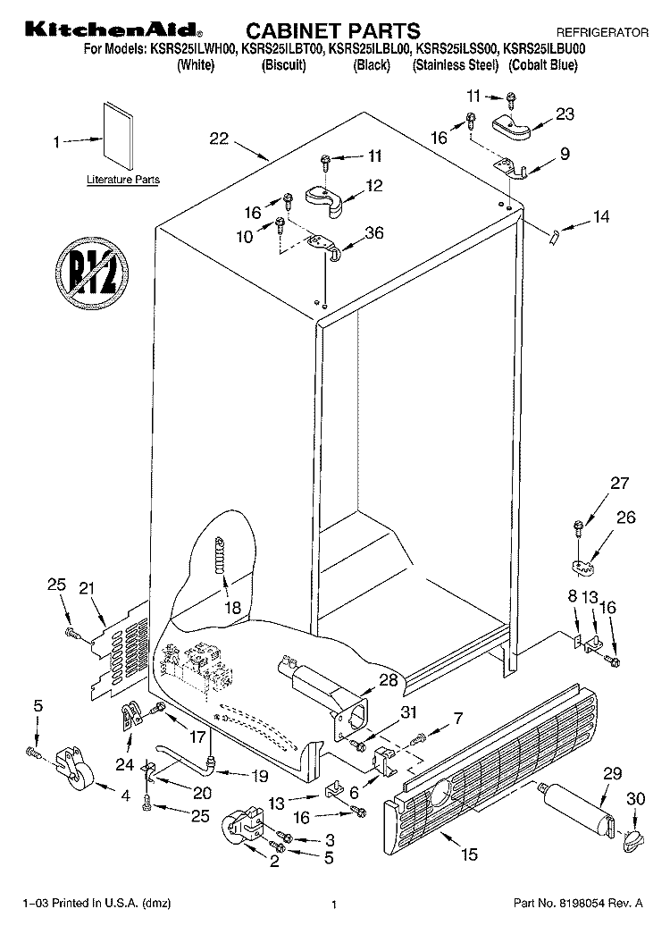 CABINET PARTS Diagram and Parts List for KSRS25ILBL00  KitchenAid Refrigerator