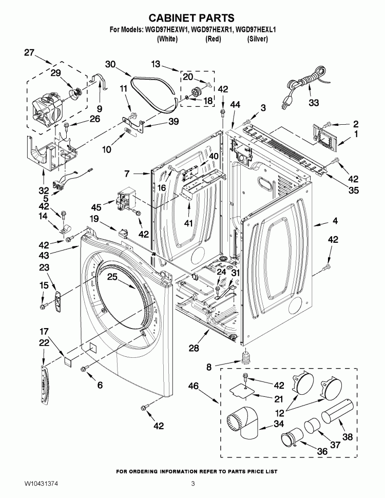 CABINET PARTS Diagram and Parts List for WGD97HEXR1  Whirlpool Dryer