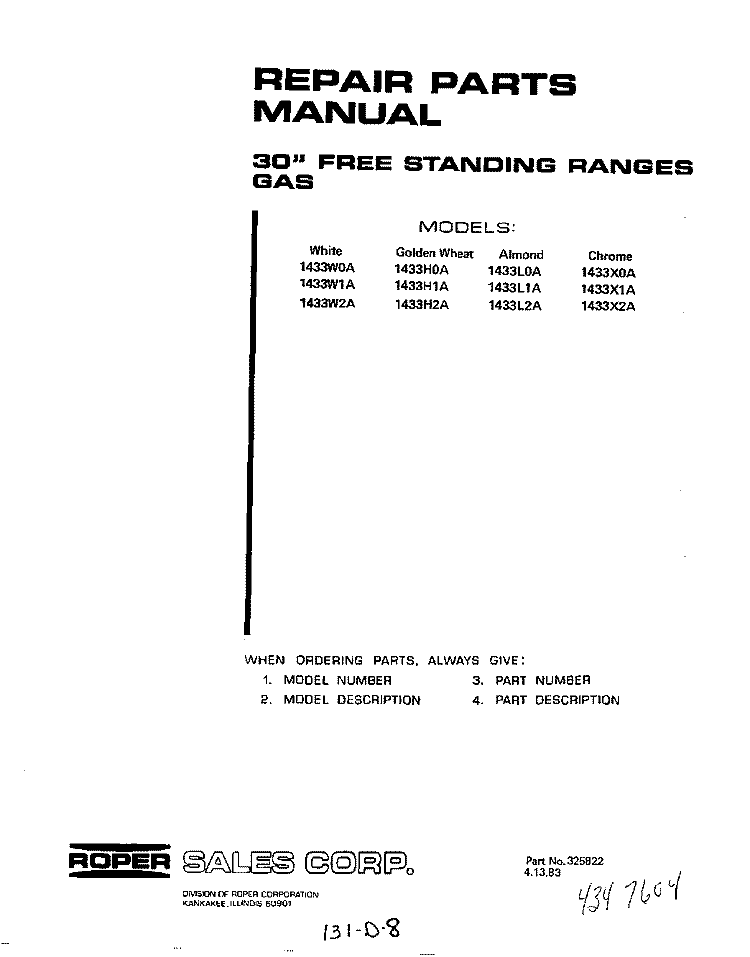 BACKGUARD Diagram and Parts List for 1433W1A  Roper Range