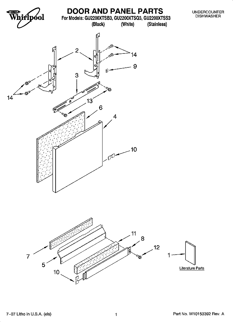 DOOR AND PANEL PARTS Diagram and Parts List for GU2200XTSB3  Whirlpool Dishwasher