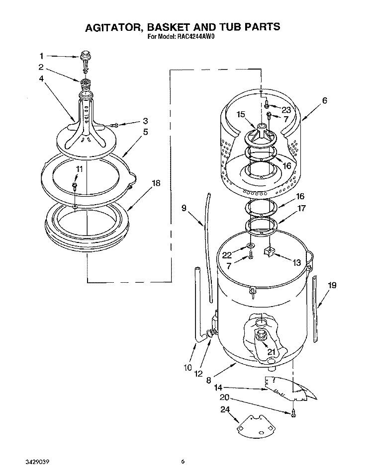 AGITATOR, BASKET AND TUB Diagram and Parts List for RAC4244AL0  Whirlpool Washer