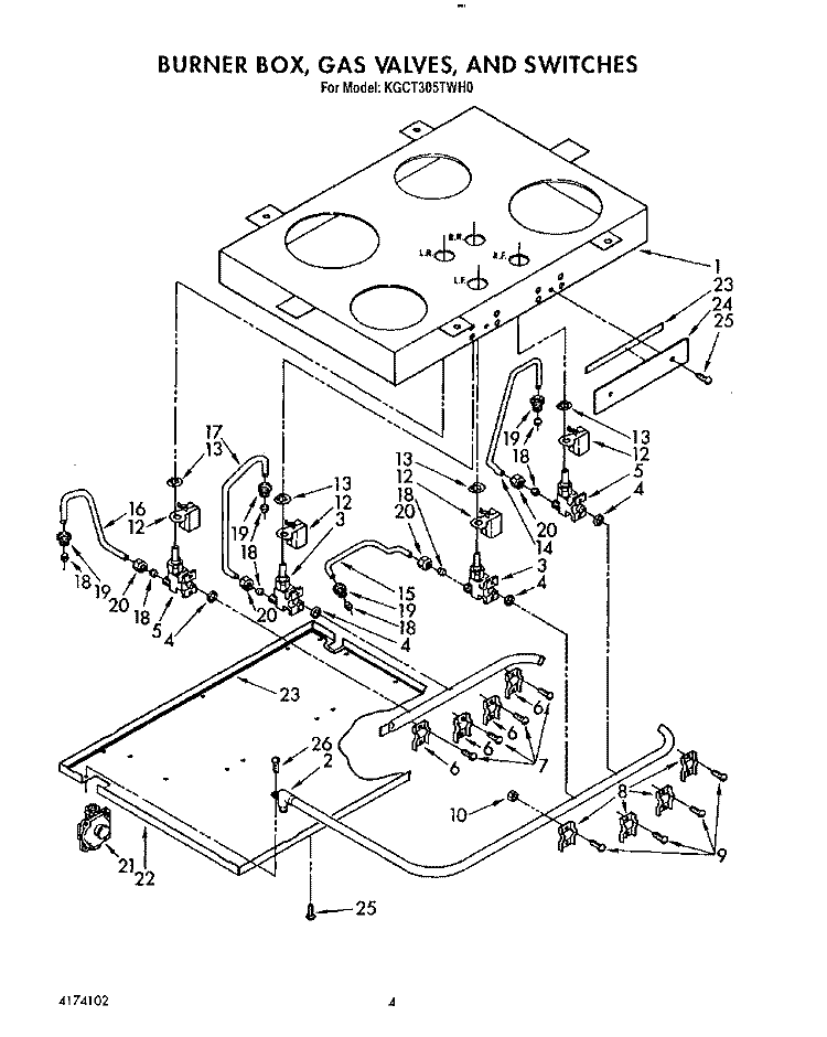BURNER BOX, GAS VALVES AND SWITCHES Diagram and Parts List for KGCT305TAL0  KitchenAid Cooktop