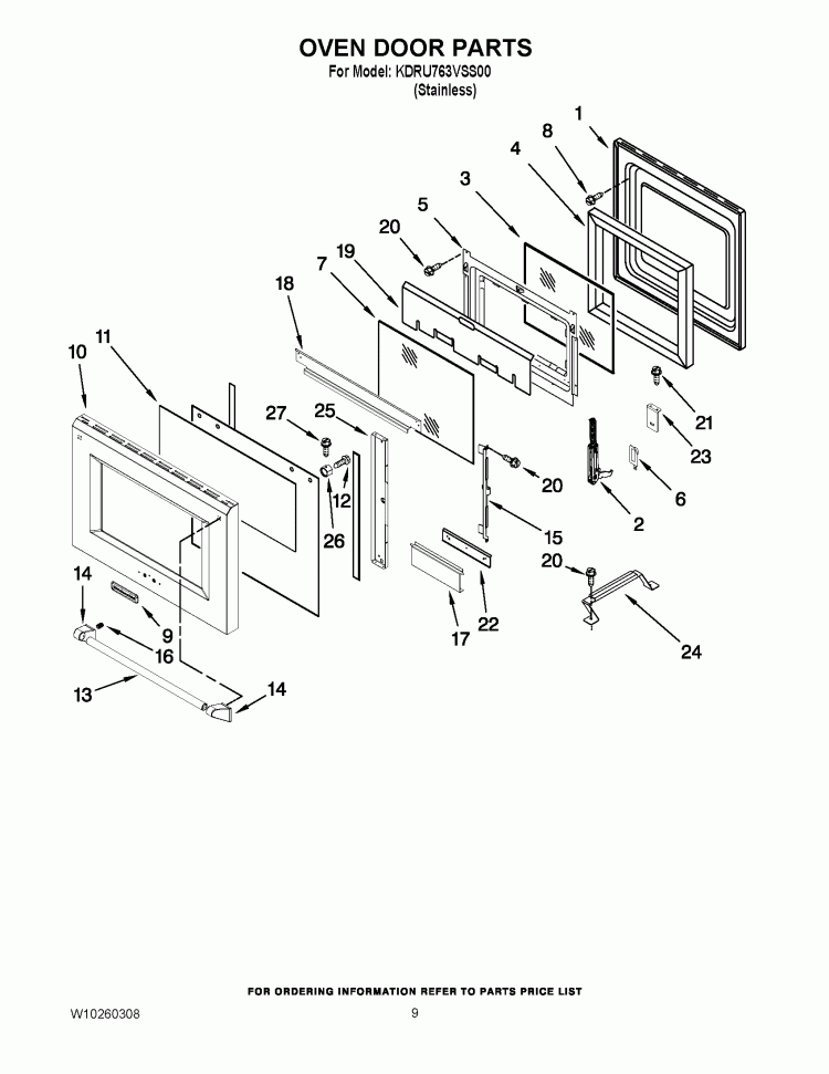 OVEN DOOR PARTS Diagram and Parts List for KDRU763VSS00  KitchenAid Range